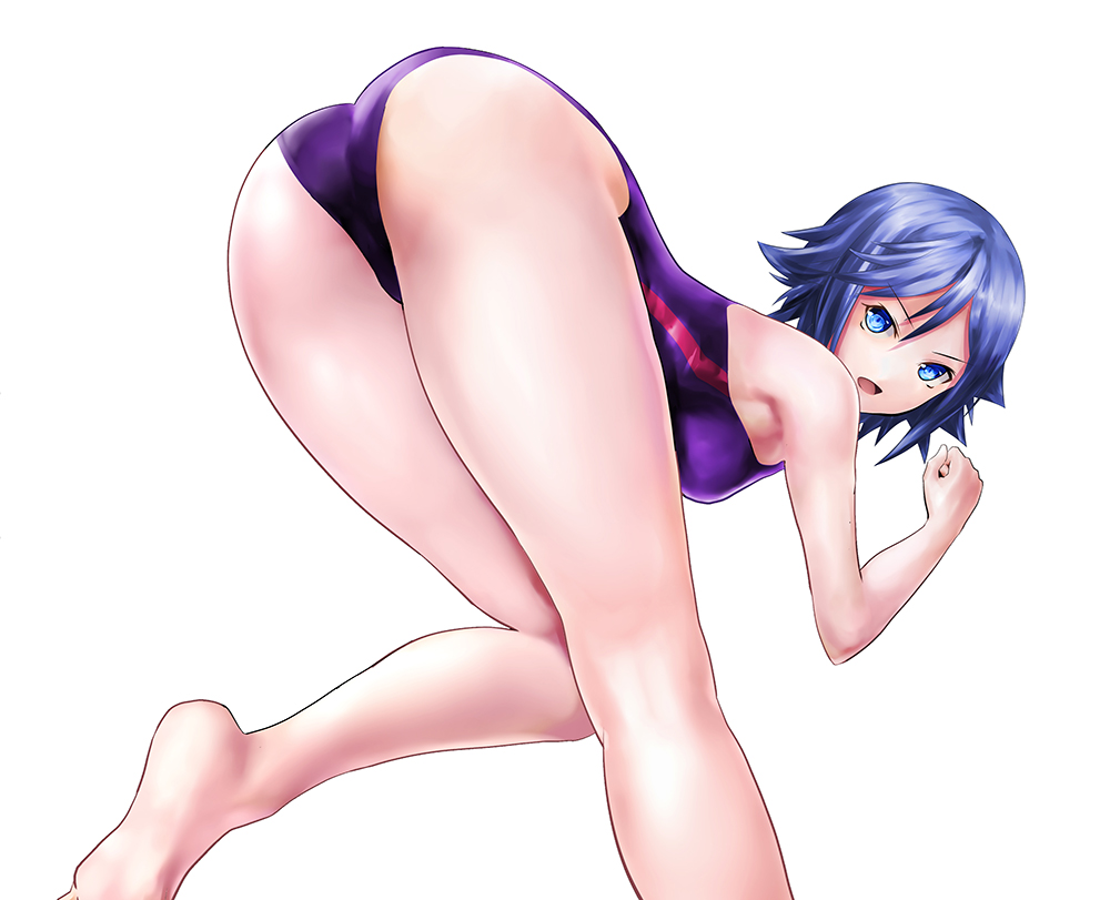 10s, 1girl, ass, blue_eyes, blue_hair, competition_swimsuit, female_focus, finfia, fujisaki_kotone, keijo!!!!!!!!, one-piece_swimsuit, open_mouth, purple_one-piece_swimsuit, simple_background, solo, swimsuit, white_background
