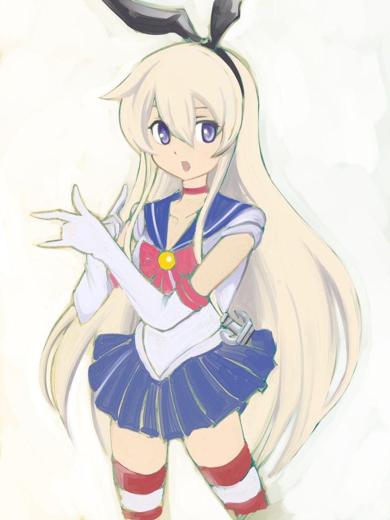 1girl, anchor_hair_ornament, animal_ears, bishoujo_senshi_sailor_moon, blonde_hair, blue_sailor_collar, bow, choker, commentary_request, cosplay, elbow_gloves, female_focus, gloves, grey_eyes, hair_between_eyes, hair_ornament, hairband, inoue_kousei, kantai_collection, long_hair, m/, open_mouth, rabbit_ears, red_bow, red_choker, sailor_collar, sailor_moon, sailor_moon_(cosplay), sailor_senshi, sailor_shirt, school_uniform, serafuku, shimakaze_(kancolle), shirt, sidelocks, skirt, solo, striped_clothes, striped_thighhighs, thighhighs, traditional_media, tsuki_ni_kawatte_oshioki_yo, white_background, white_gloves, white_shirt