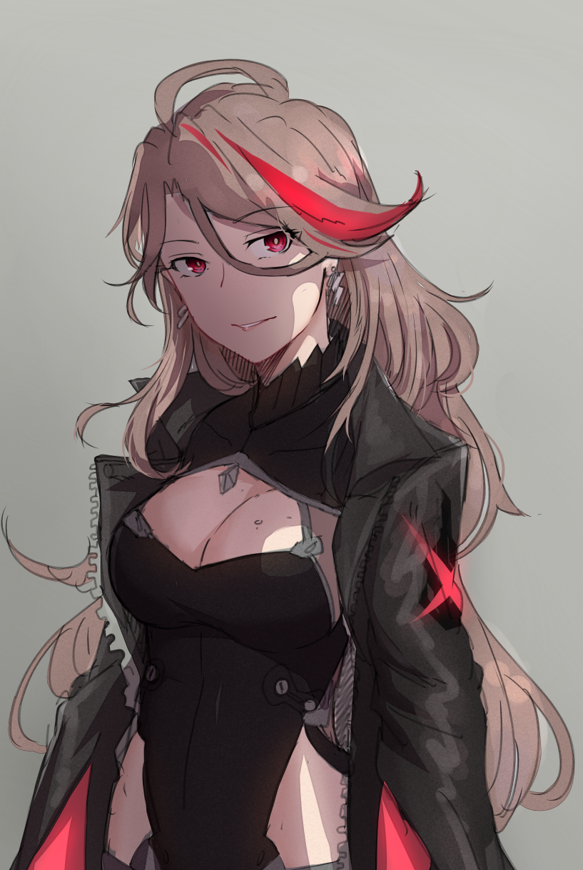 1girl, ahoge, breasts, brown_hair, cleavage, earrings, eyeliner, female_focus