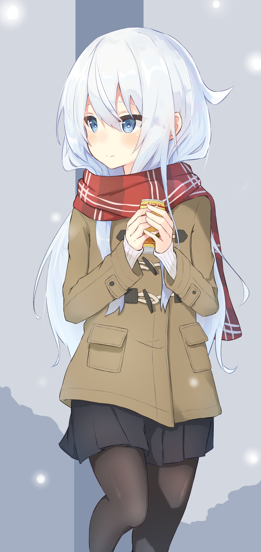 10s, 1girl, black_pantyhose, black_skirt, blue_eyes, blush, can, closed_mouth