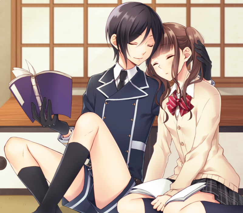 10s, 1boy, 1girl, black_gloves, black_hair, black_necktie, black_socks, blush
