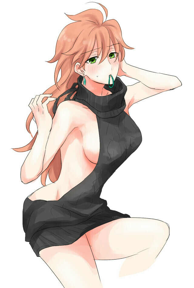 1girl, ahoge, aran_sweater, arm_up, backless_dress, backless_outfit, bare_back, bare_shoulders