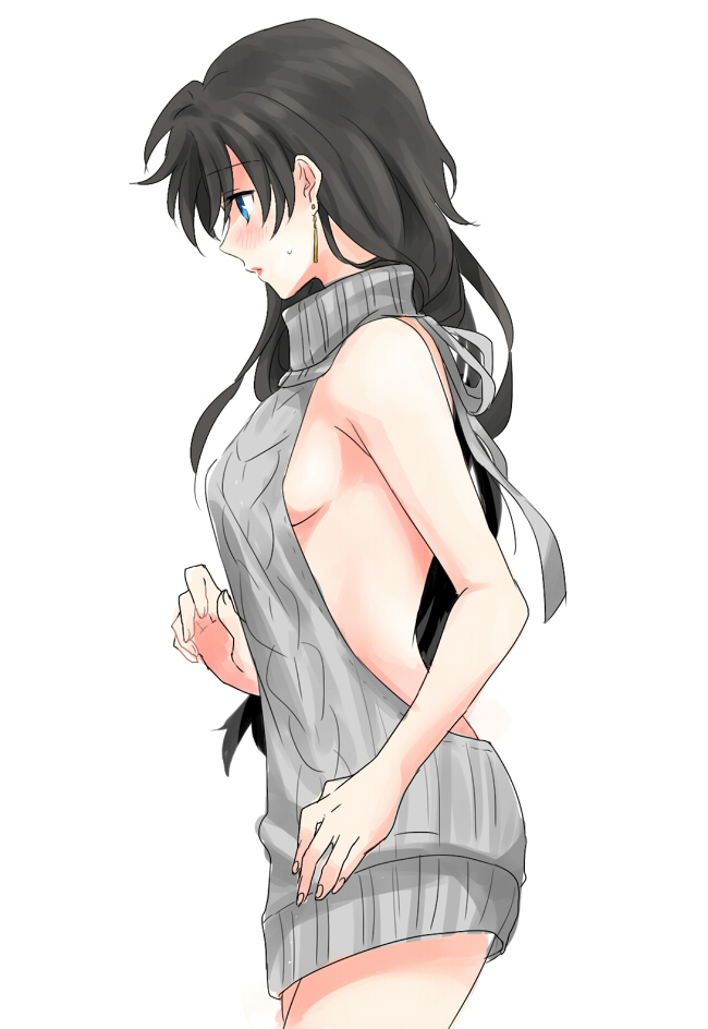 1girl, aran_sweater, backless_dress, backless_outfit, black_hair, blue_eyes, blush, breasts