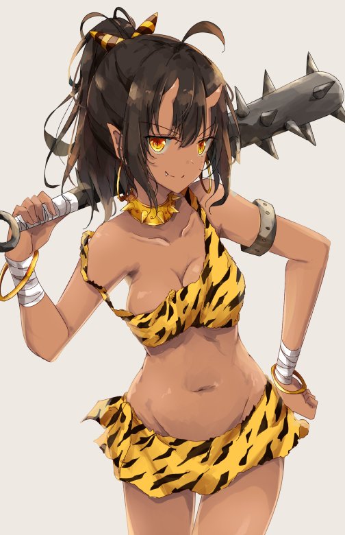 1girl, ahoge, bad_id, bad_twitter_id, bat_(animal), black_hair, bracelet, breasts, cleavage, closed_mouth, club, club_(weapon), collarbone, cowboy_shot, dark-skinned_female, dark_skin, fang, fang_out, female_focus, grey_background, hair_between_eyes, hand_on_own_hip, hip_focus, holding, holding_weapon, horns, jewelry, kanabou, large_breasts, loincloth, looking_at_viewer, monster_girl, navel, oni, orange_eyes, original, pointy_ears, ponytail, shiina_kuro, simple_background, skin-covered_horns, smile, solo, spiked_club, spikes, standing, strap_slip, weapon