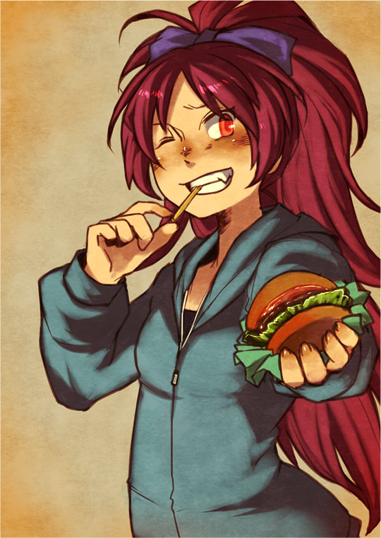 10s, 1girl, bow, burger, casual, eating, fang, female_focus, food, french_fries, from_side, grin, hair_bow, holding, holding_food, hood, hoodie, long_hair, long_sleeves, looking_at_viewer, mahou_shoujo_madoka_magica, mahou_shoujo_madoka_magica_(anime), mamebato, one_eye_closed, ponytail, red_eyes, red_hair, sakura_kyoko, smile, solo, upper_body, zipper