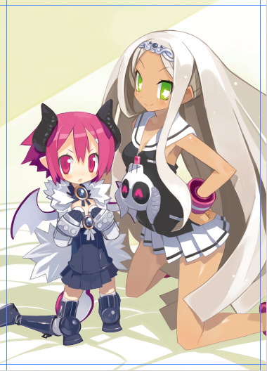 2girls, bat_wings, blush, child, cosplay, costume_switch, demon_girl, disgaea, green_eyes, harada_takehito, horns, long_hair, makai_senki_disgaea_3, multiple_girls, nippon_ichi, official_art, pink_hair, raspberyl, raspberyl_(cosplay), sailor_collar, sapphire_rhodonite, sapphire_rhodonite_(cosplay), school_uniform, short_hair, skirt, tail, thighhighs, white_hair, white_sailor_collar, wings