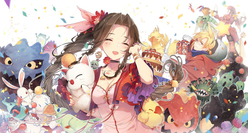 1boy, 1girl, :d, ^_^, aerith_gainsborough, birthday_cake, blush, bomb_(final_fantasy)