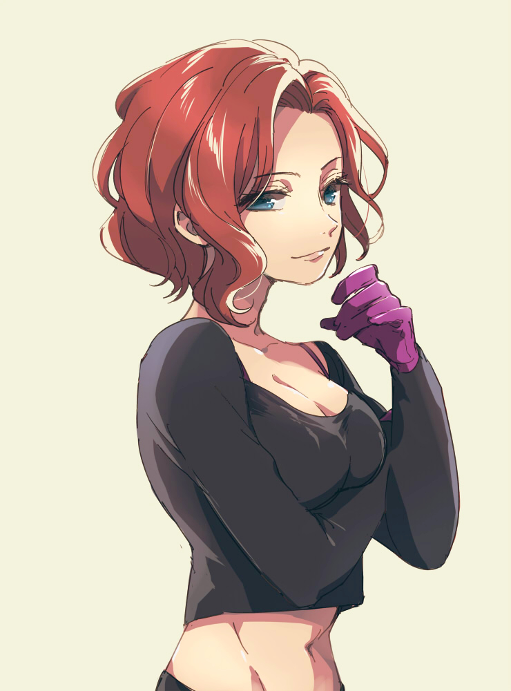 10s, 1girl, blue_eyes, breasts, cleavage, daginin, female_focus, gloves, impossible_clothes, impossible_shirt, midriff, mila_babicheva, navel, pink_gloves, red_hair, shirt, smile, solo, yuri!!!_on_ice