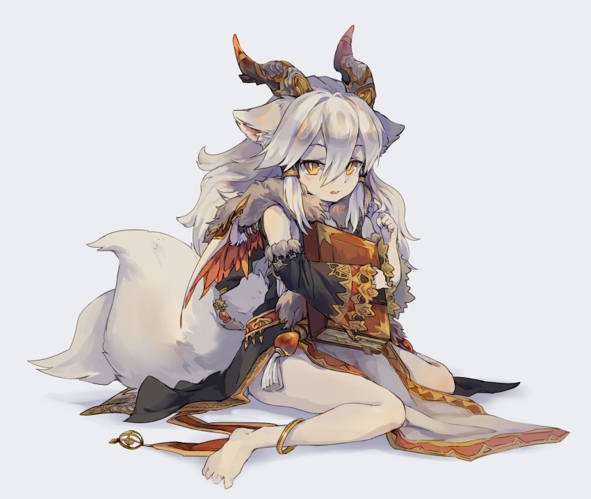 1girl, animal_ears, anklet, bare_legs, barefoot, blush, book, brown_eyes, detached_sleeves, einri, female_focus, full_body, fur_trim, hair_tubes, highres, horns, ilmina_(p&amp;d), jewelry, multiple_tails, puzzle_&amp;_dragons, sitting, solo, tail, twirling_hair, wariza, white_hair