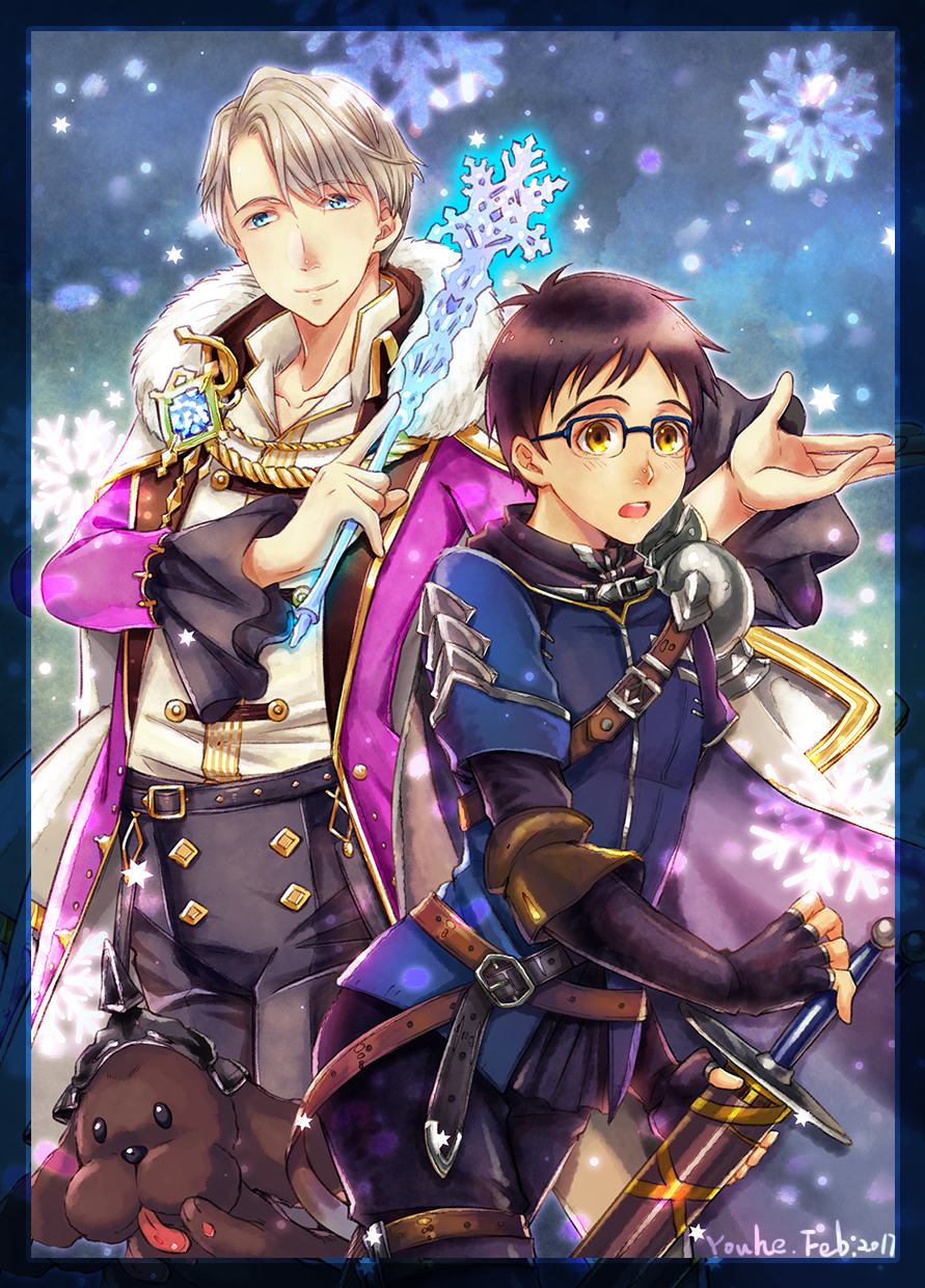 10s, 2boys, armor, belt, black_hair, blue-framed_eyewear, blue_eyes, brown_eyes, cape, dog, fingerless_gloves, fur_trim, glasses, gloves, helmet, highres, hood, katsuki_yuuri, makkachin, male_focus, matatsuru, multiple_boys, sheath, sheathed, shingeki_no_bahamut, silver_hair, smile, snowflakes, snowing, sword, viktor_nikiforov, wand, weapon, youhe_qri, yuri!!!_on_ice