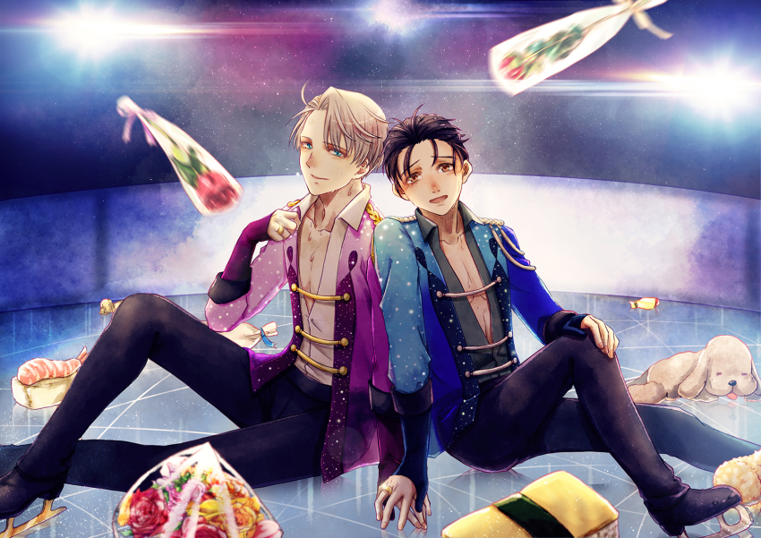 10s, 2boys, black_hair, blue_eyes, bouquet, brown_eyes, epaulettes, flower