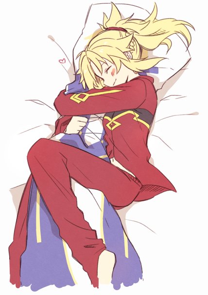 1girl, artoria_pendragon_(fate), barefoot, bed, between_legs, blonde_hair, blush, breasts, choco_taberusan, closed_eyes, closed_mouth, dakimakura_(object), fate/apocrypha, fate/grand_order, fate/stay_night, fate_(series), female_focus, hair_ornament, hair_scrunchie, happy, head_on_pillow, heart, high_ponytail, hug, hugging_object, legs_up, long_hair, lying, mordred_(fate), mordred_(fate/apocrypha), mordred_(third_ascension)_(fate), navel, on_bed, on_side, pajamas, pants, pillow, pillow_hug, ponytail, saber_(fate), scrunchie, smile, solo, yuri