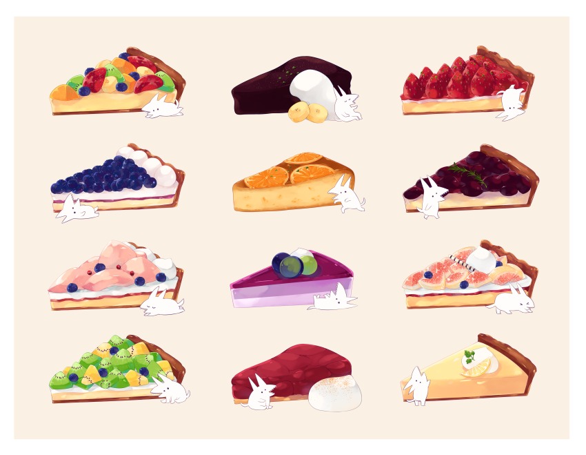 absurdres, all_fours, banana, banana_slice, beige_background, blueberry, border, closed_eyes, commentary_request, creature, food, food_focus, fruit, highres, kiwi_(fruit), kiwi_slice, lemon, lemon_slice, lying, melon, mop_(shirokumaiceumaiyo), no_humans, on_back, on_stomach, open_mouth, orange_(fruit), orange_slice, original, pie, pie_slice, sharp_teeth, sitting, solid_oval_eyes, standing, strawberry, teeth, upside-down, whipped_cream