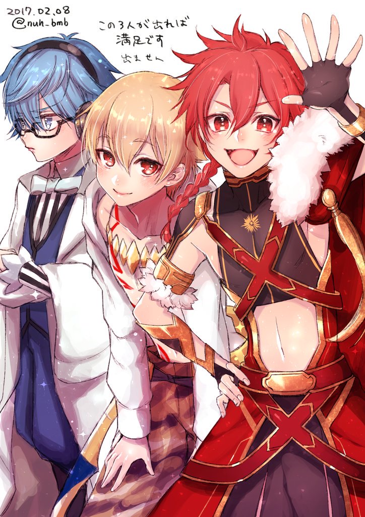 10s, 3boys, aged_down, alexander_(fate), armpits, blonde_hair, blue_eyes, blue_hair, blush, bow, braid, child_gilgamesh_(fate), child_gilgamesh_(third_ascension)_(fate), fate/extra, fate/extra_ccc, fate/grand_order, fate/hollow_ataraxia, fate_(series), gilgamesh_(fate), hans_christian_andersen_(fate), hans_christian_andersen_(third_ascension)_(fate), iskandar_(fate), long_hair, looking_at_viewer, male_focus, midriff, morino_bambi, multiple_boys, navel, open_mouth, red_eyes, red_hair, short_hair, smile