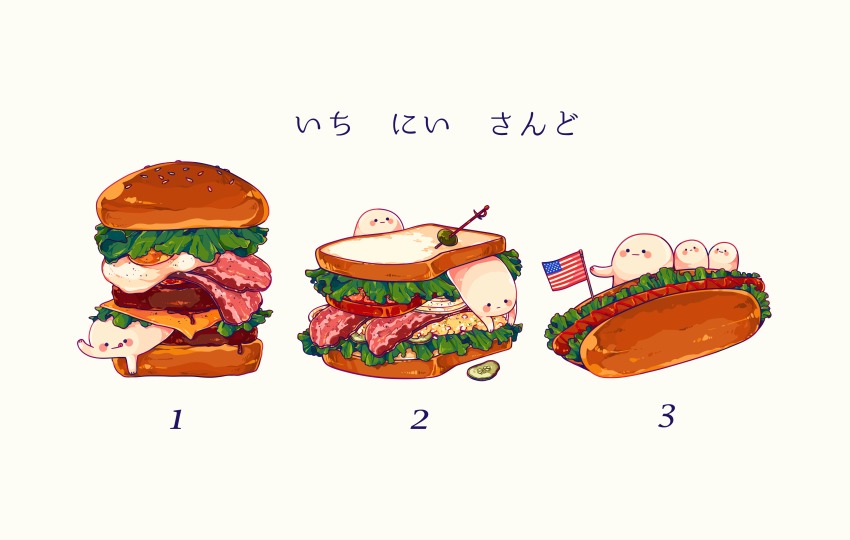 :q, absurdres, american_flag, bacon, blush_stickers, bread, burger, cheese