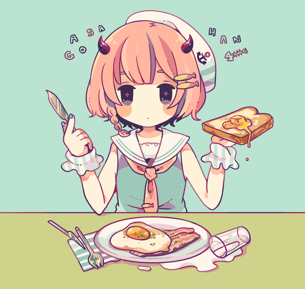 +_+, 1girl, anchor_symbol, aqua_background, aqua_shirt, bacon, beret, black_eyes