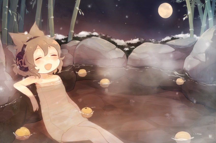 1girl, ashiyu_(ashu-ashu), blush, breasts, brown_hair, closed_eyes, earmuffs, fang, female_focus, food, fruit, full_moon, moon, naked_towel, night, onsen, open_mouth, orange_(fruit), small_breasts, snow, snowing, solo, steam, touhou, towel, toyosatomimi_no_miko, yuzu_(fruit)