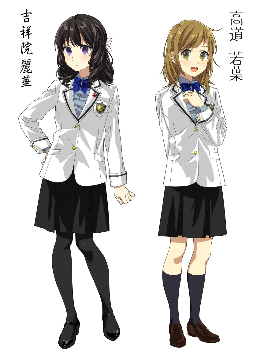 2girls, absurdres, bad_id, bad_pixiv_id, black_hair, black_socks, blazer, bow