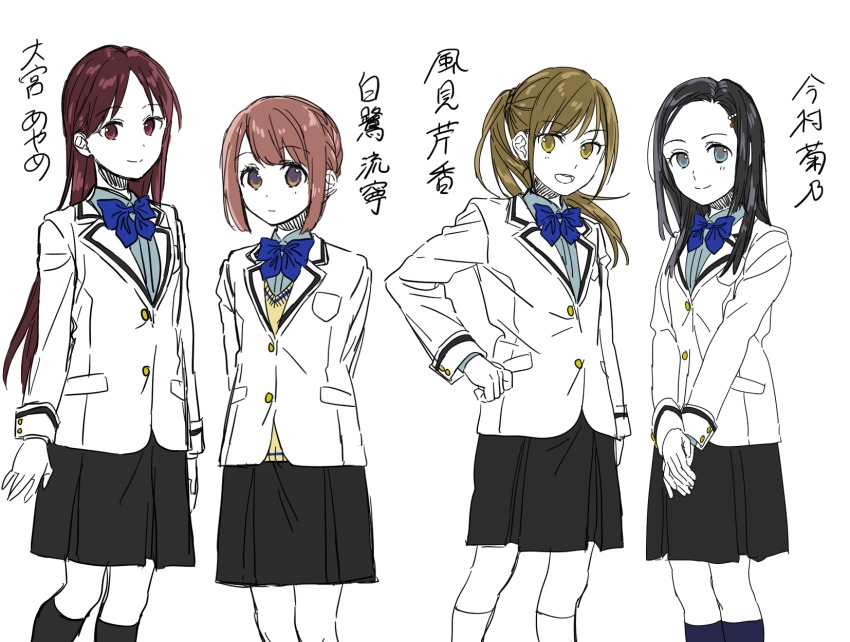4girls, bad_id, bad_pixiv_id, black_hair, blazer, blue_eyes, bow, bowtie