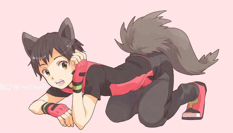 1boy, all_fours, animal_ears, black_hair, black_pants, black_shirt, brendan_(pokemon), brown_eyes