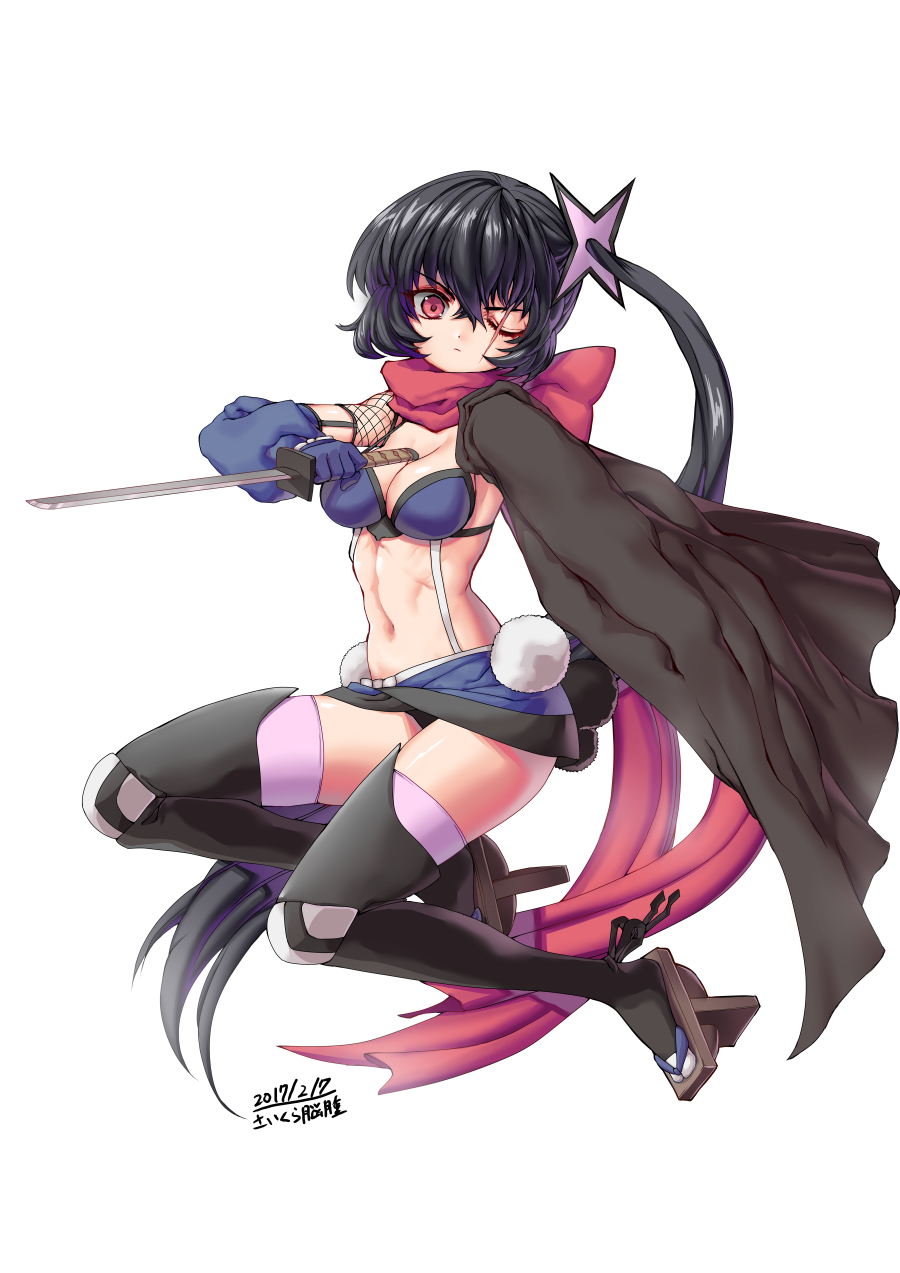 10s, 1girl, 2017, artist_name, black_hair, black_thighhighs, breasts, cleavage