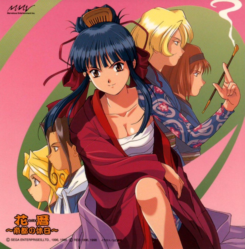 00s, 1990s_(style), 1996, 5girls, black_hair, blonde_hair, blue_eyes, bow