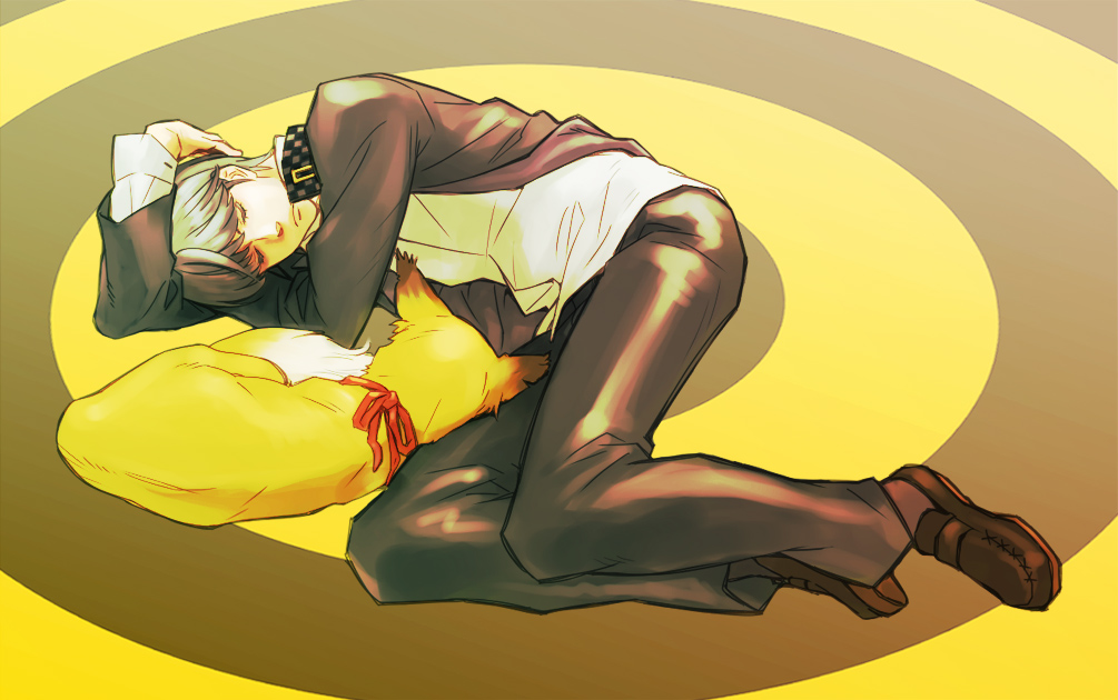 animal, atlus, bib, closed_eyes, fox, gakuran, jacket, kitsune_(persona_4), lying, male_focus, narukami_yu, pants, persona, persona_4, raizou, school_uniform, serafuku, shoes, silver_hair, sleeping