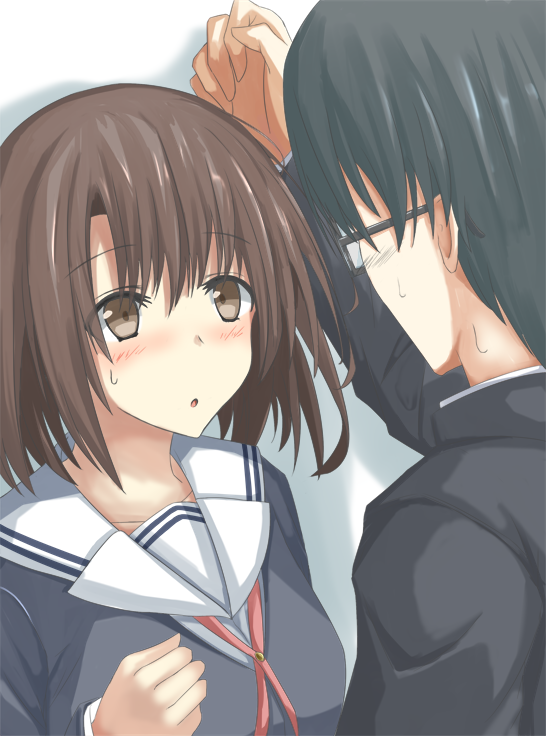 1boy, 1girl, aki_tomoya, black_hair, blush, bow, bowtie, breasts