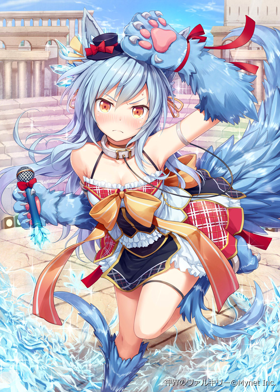 1girl, akkijin, animal_ears, animal_hands, blue_hair, collar, embarrassed, female_focus