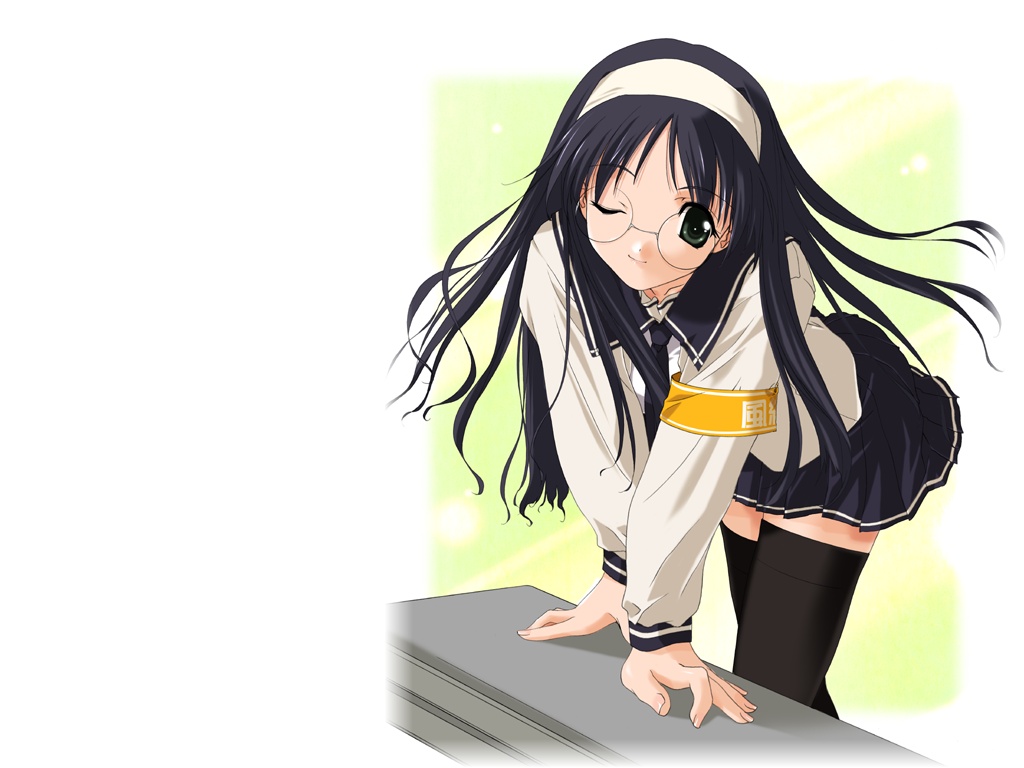 00s, glasses, happy_lesson, nanakorobi_fumitsuki, one_eye_closed, sasaki_mutsumi, school_uniform, serafuku