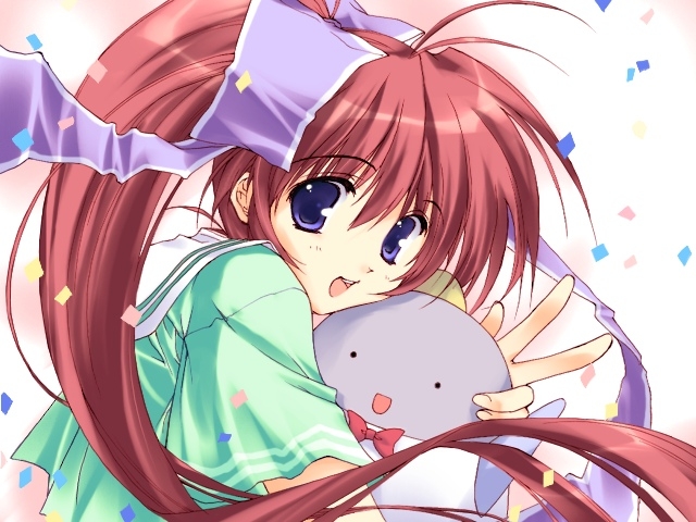 00s, 1girl, blue_eyes, bow, comic_party, confetti, female_focus, game_cg