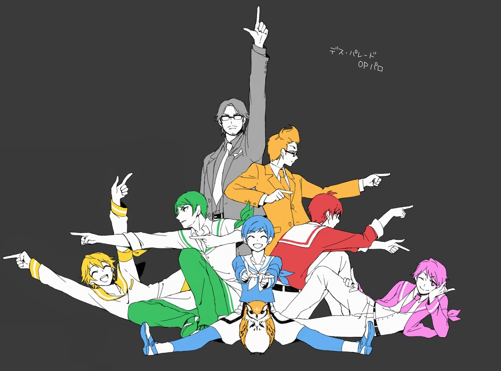 10s, 6+boys, :d, ;), amagi_ikuma, arm_up, armband, bandana