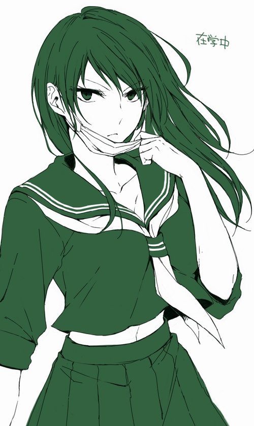 10s, 1girl, amagi_ikuma, ascot, delinquent, female_focus, genderswap, genderswap_(mtf), green_hair, green_theme, long_hair, looking_at_viewer, mask, miya_(38_okho), monochrome, mouth_mask, pleated_skirt, school_uniform, shounen_hollywood, simple_background, skirt, solo, sukeban, surgical_mask, white_background