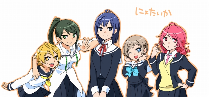 10s, 5girls, ;), amagi_ikuma, blonde_hair, blue_eyes, blue_hair, breasts