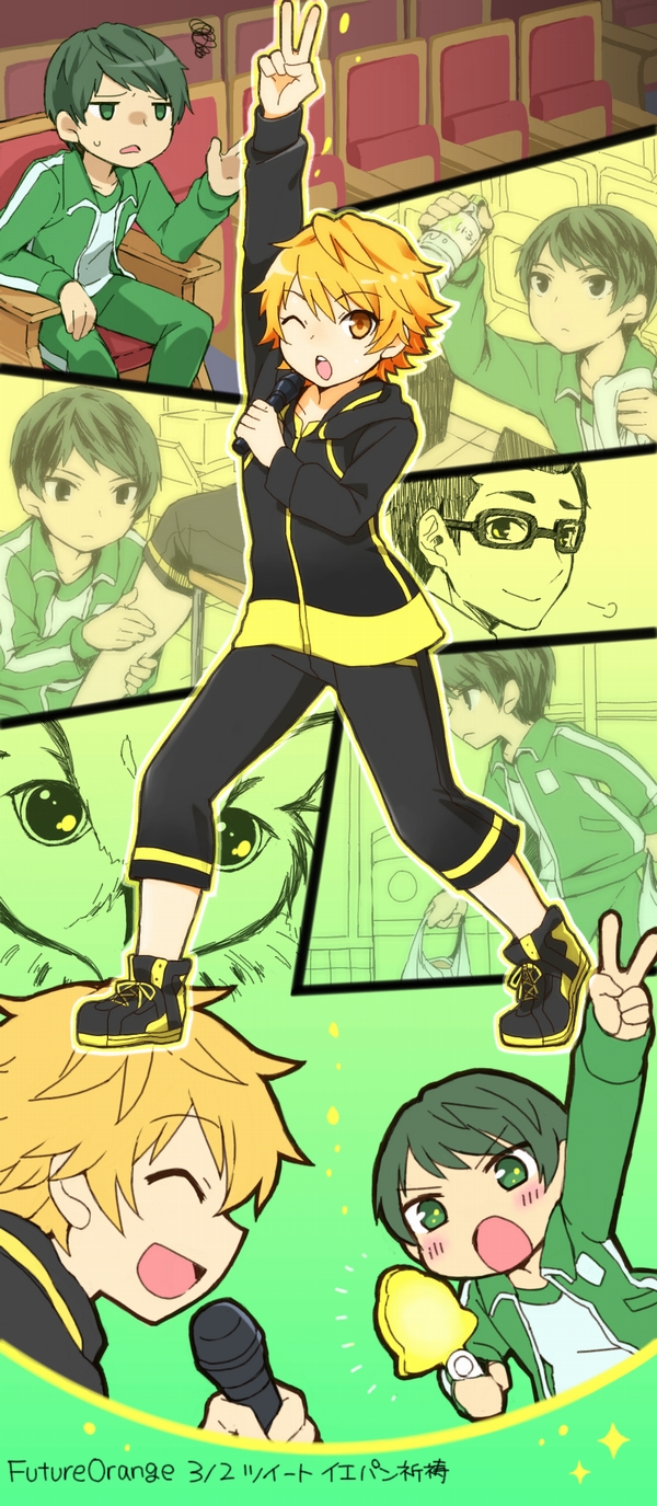 10s, 2boys, amagi_ikuma, bird, blonde_hair, blush, bottle, cat_(shounen_hollywood)