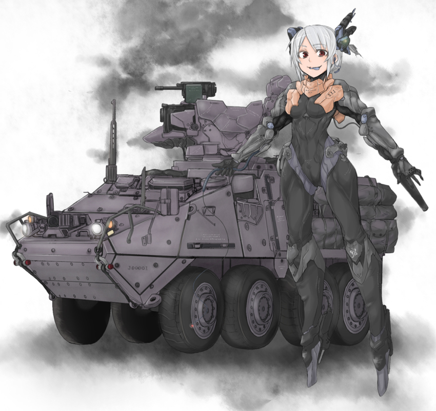 1girl, ammunition_box, android, armored_personnel_carrier, armored_vehicle, automatic_grenade_launcher, bad_id, bad_pixiv_id