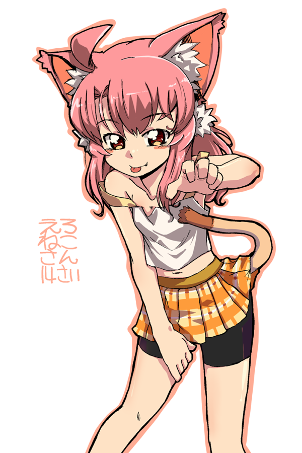 1girl, :p, ahoge, animal_ears, bike_shorts, borrowed_character, cat_ears, cat_tail