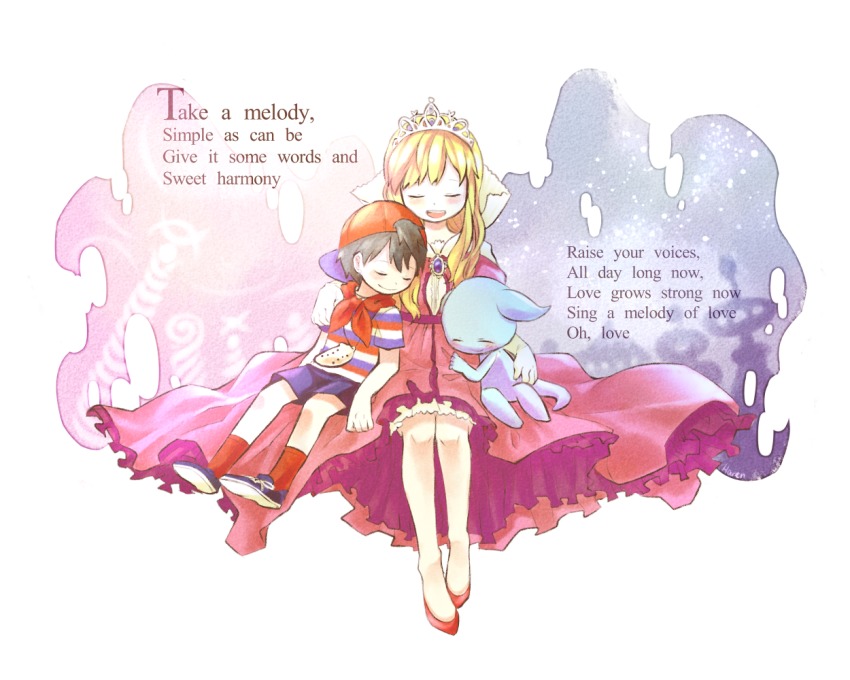 1girl, 2boys, backwards_hat, black_hair, blonde_hair, dress, english_text, giygas