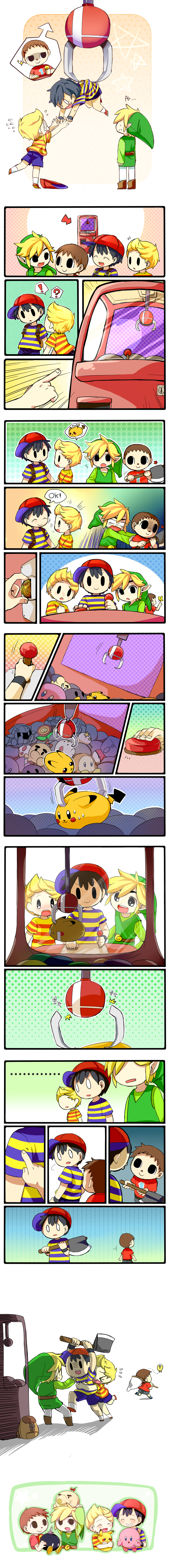 !, ..., :o, ?, absurdres, animal_crossing, arrow_(symbol), axe, black_eyes, bob-omb, boots, bow, brown_footwear, brown_hair, bug, butterfly, closed_eyes, coin, comic, crane_game, crossover, crying, doseisan, fang, fire_flower, flying_sweatdrops, gen_1_pokemon, hair_bow, hat, highres, insect, kirby, kirby_(series), left-to-right_manga, link, long_image, lucas_(mother_3), mario_(series), meta_knight, mother_(series), mother_2, mother_3, multiple_crossover, ness_(mother_2), nintendo, open_mouth, pikachu, pointing, poke_ball, pokemon, pokemon_(creature), round_teeth, sanaknim, shirt, smile, solid_oval_eyes, spoken_exclamation_mark, spoken_question_mark, streaming_tears, striped_clothes, striped_shirt, super_mario_bros._1, super_smash_bros., sweat, sweatdrop, tall_image, tears, teeth, the_legend_of_zelda, the_legend_of_zelda:_the_wind_waker, toon_link, villager_(animal_crossing), waddle_dee, weapon