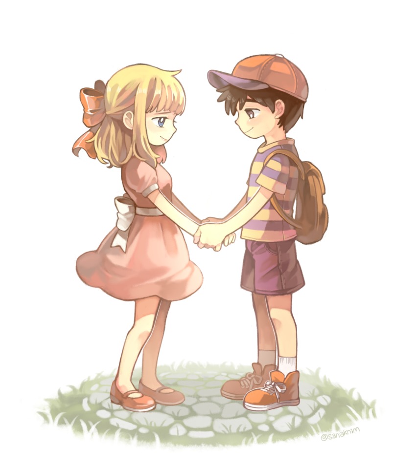 1boy, 1girl, backpack, bag, black_hair, blonde_hair, blue_eyes, brown_hair