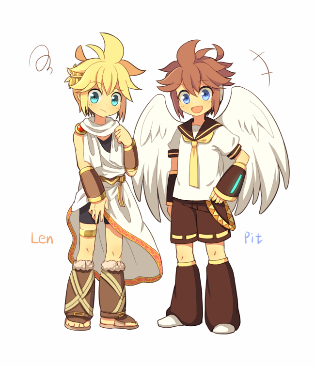 2boys, :/, angel_wings, aqua_eyes, blonde_hair, blue_eyes, brown_hair, cosplay