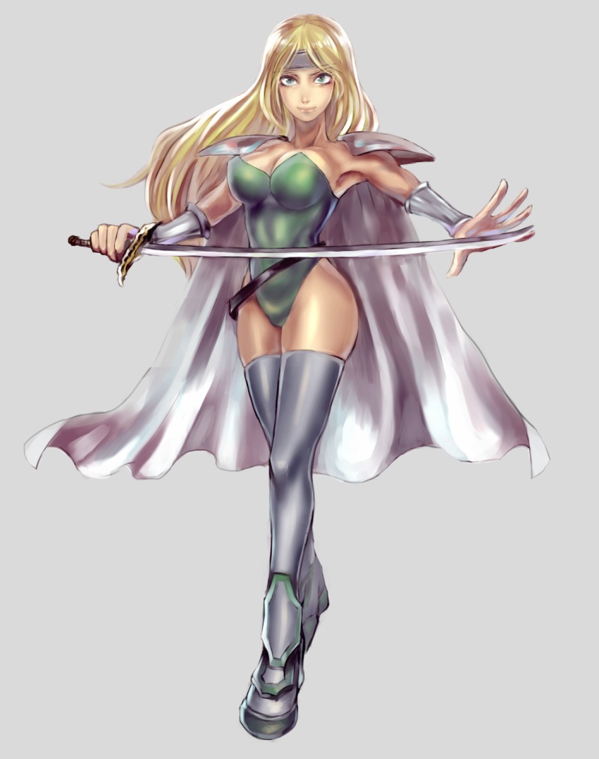 1990s_(style), 1girl, blonde_hair, blue_eyes, boots, breasts, cape, celes_chere, female_focus, final_fantasy, final_fantasy_vi, full_body, hashira_w, highres, large_breasts, leotard, long_hair, outstretched_arms, retro_artstyle, saber_(weapon), solo, sword, thigh_boots, thighhighs, weapon