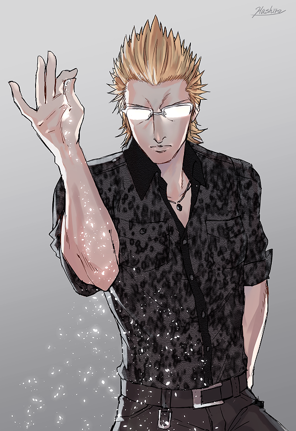 1boy, animal_print, brown_hair, casual, final_fantasy, final_fantasy_xv, glasses, glowing_glasses