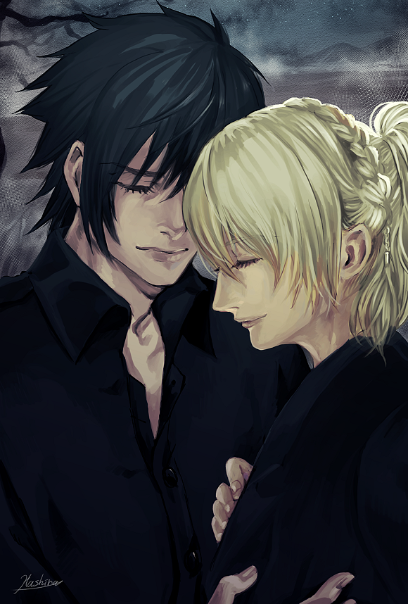 10s, 1boy, 1girl, black_hair, blonde_hair, braid, couple, dress_shirt