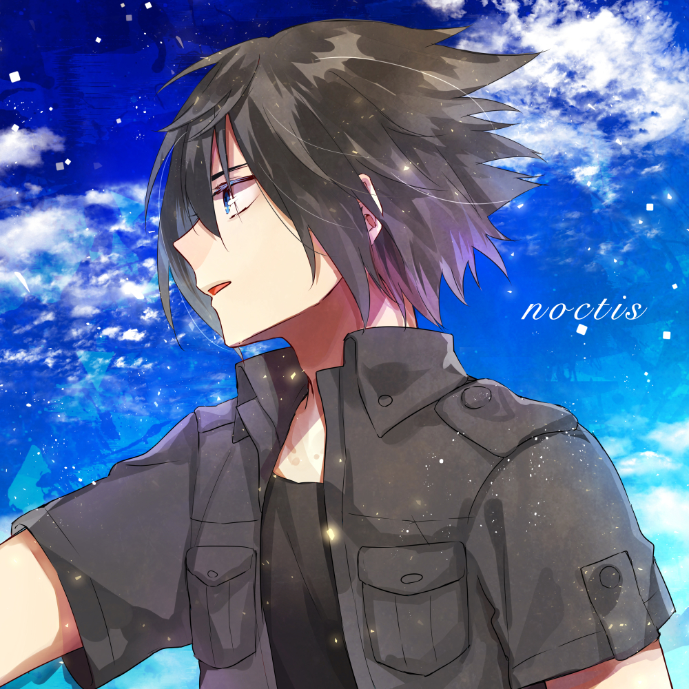 10s, 1boy, bad_id, bad_pixiv_id, black_hair, black_jacket, blue_eyes, day