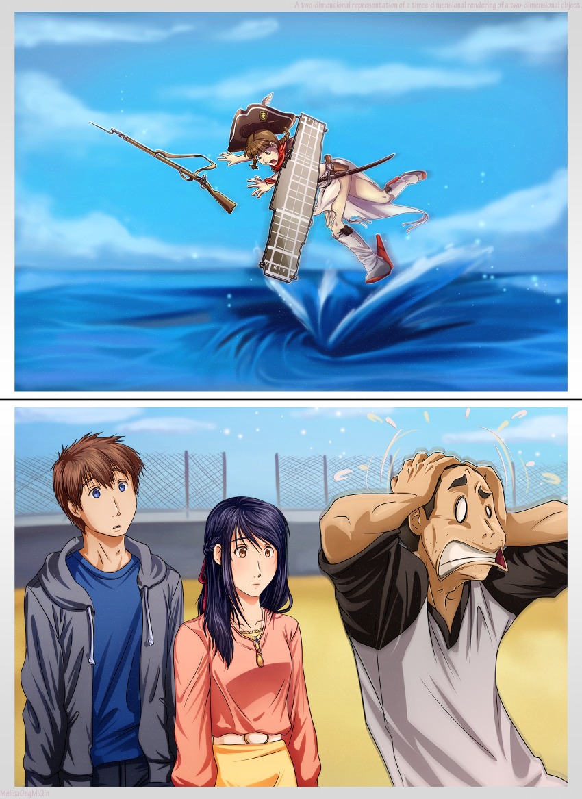 2boys, 2girls, 2koma, aged_up, alternate_costume, bayonet, belt, bicorne