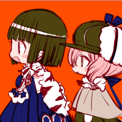 10s, 2girls, black_hair, blunt_bangs, blush_stickers, detec_bell, detick_bell, dress