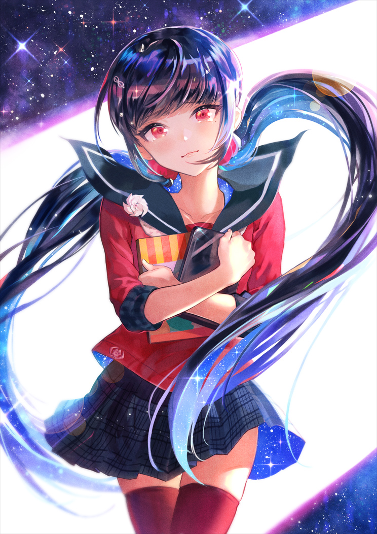 10s, 1girl, a_world_underneath, black_hair, black_skirt, blunt_bangs, closed_mouth, collarbone