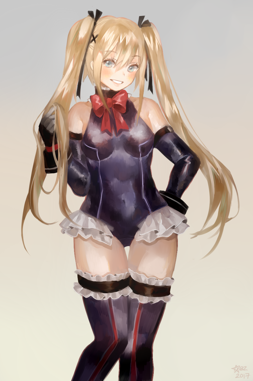 1girl, aubz, bare_shoulders, blonde_hair, blue_eyes, blue_one-piece_swimsuit, blush, breasts, dead_or_alive, dead_or_alive_5, detached_sleeves, female_focus, frills, hair_ribbon, highres, long_hair, looking_at_viewer, marie_rose, one-piece_swimsuit, ribbon, small_breasts, smile, solo, swimsuit, twintails