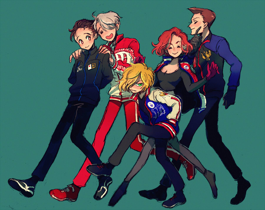 10s, 1girl, 4boys, ^_^, bad_id, bad_pixiv_id, black_gloves, black_hair